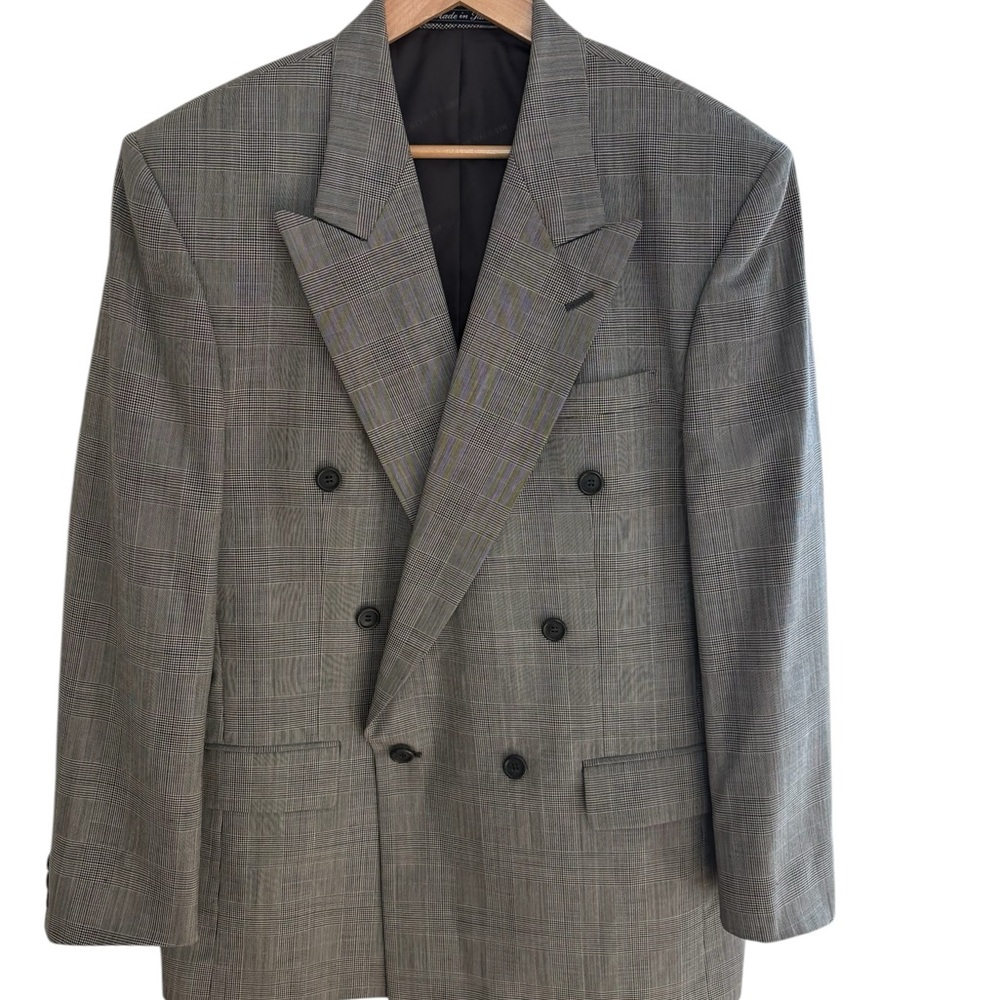 Pierre Balmain Plaid Double Breasted 100% Wool Blazer Gray Size 42R